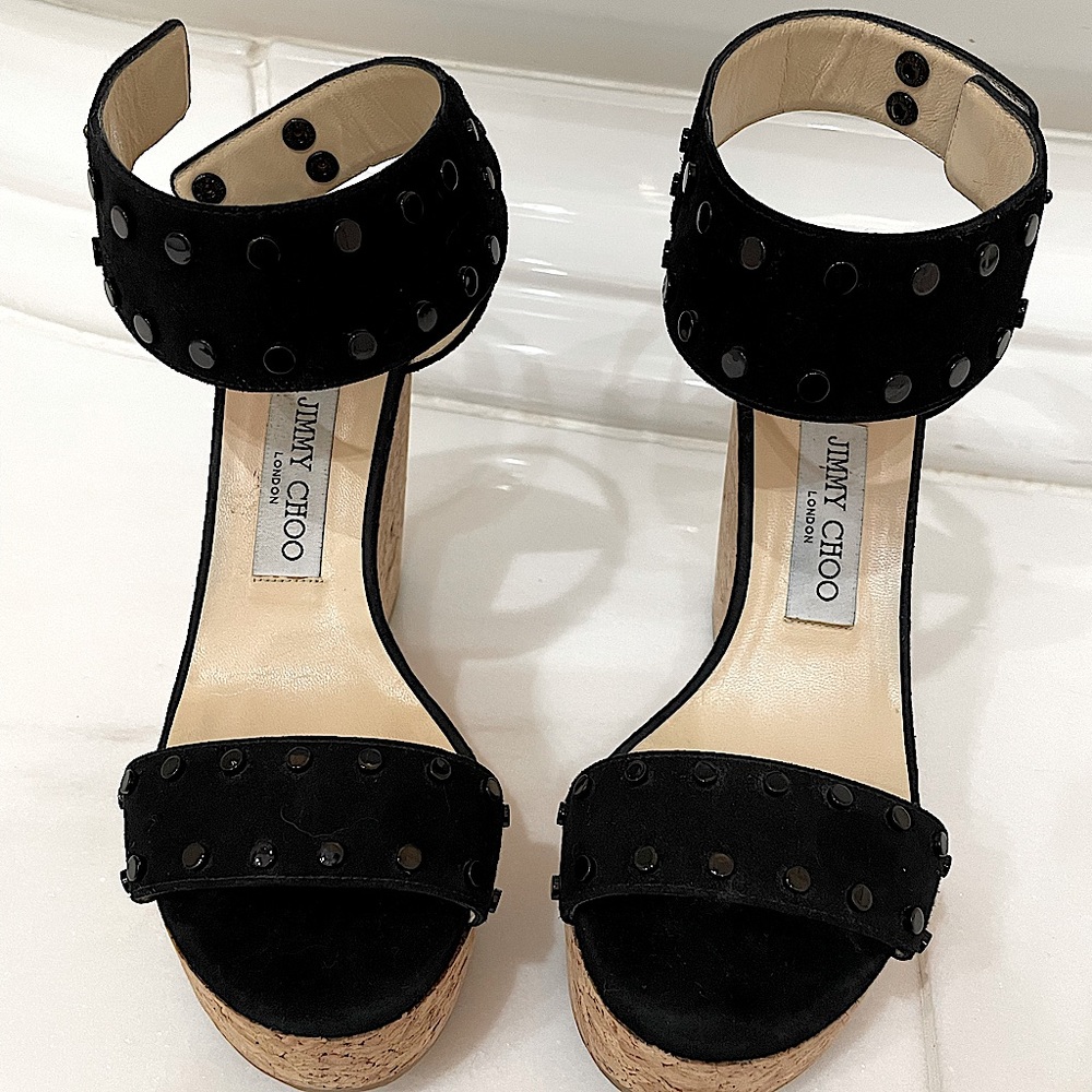 JIMMY CHOO CORK WEDGE ANKLE WRAP SANDAL